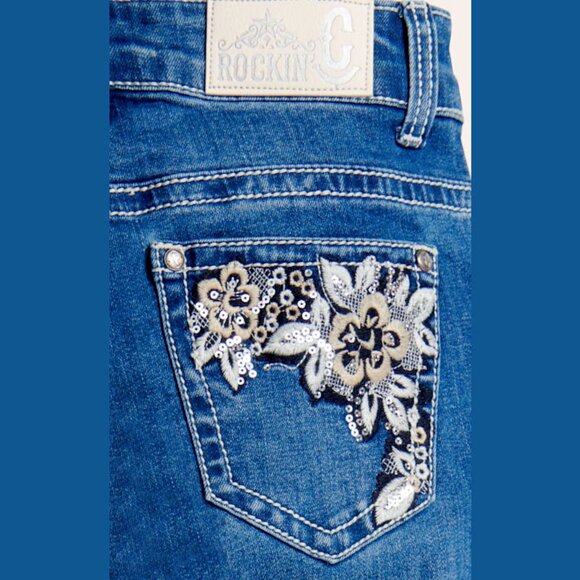 Rockin C Girls Jeans Size 12 | Medium Wash Floral Embroidery Back Pocket Denim - Picture 11 of 11